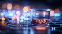 Glass of whiskey on dark table with bokeh lights in background creating moody atmosphere, luxury drink photography for bars and restaurants.