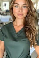 Young female medical professional in green scrubs with long wavy brown hair and natural makeup smiling at camera in healthcare setting. Professional headshot style portrait.