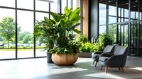 Modern office lobby with lush green plants in wooden planter and comfortable gray armchair near large windows, creating biophilic workspace environment.