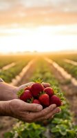Farmer hands holding fresh ripe strawberries at sunset in agricultural field with rows of strawberry plants during golden hour harvest time.