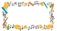 Musical instruments and notes frame border with brass horns, trumpets, and treble clefs on white background. Isolated design element for music education, event invitations, and creative projects.