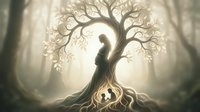 Mystical tree of life with human silhouette merged into trunk, glowing roots and branches in ethereal forest atmosphere for spiritual wellness designs.