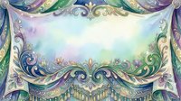 Ornate baroque frame with symmetrical scrollwork, flourishes, and decorative elements in purple, green, and gold tones surrounding a soft watercolor sky background.