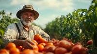 Senior Caucasian farmer with white beard and hat smiling while harvesting fresh ripe tomatoes in organic garden during summer sunset, agricultural lifestyle.