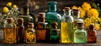 Vintage glass bottles with colorful essential oils and dried herbs against rustic wooden background, showcasing natural aromatherapy ingredients.