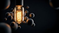 Vintage incandescent bulb glowing with warm filament surrounded by floating spheres on dark background, suitable for innovation, creativity, and energy concepts.