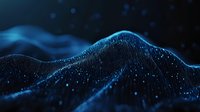 Abstract digital wave pattern with glowing blue particles and flowing lines creating dynamic motion effect against dark background. Suitable for tech backgrounds.