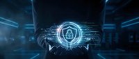 Hands holding glowing digital padlock symbol with data streams in dark tech environment, representing cybersecurity, data protection, and network safety for business applications.