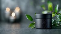 Black cosmetic jar with water drops on dark background with green leaves and bokeh lights, luxury skincare product photography for beauty brands.