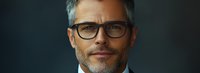 Confident mature businessman with gray hair and stylish glasses against dark background, professional corporate portrait showing wisdom and experience.
