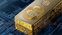 Golden cryptocurrency coin on circuit board background with digital technology pattern, representing digital money and blockchain concept. Suitable for finance articles.