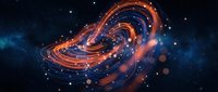 Abstract glowing spiral vortex with orange and blue neon light trails swirling through dark space, featuring particle effects and bokeh elements for futuristic design projects.