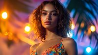 Young Hispanic woman with curly hair in floral summer top against tropical evening background with palm leaves and bokeh lights creating dreamy vacation atmosphere.