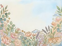 Watercolor floral border with peonies, lavender, and botanical elements on cream background. Soft pastel design with decorative leaves and flowers framing empty space for text or graphics.