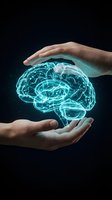 Hands protecting glowing digital brain hologram representing artificial intelligence, mental health care, neuroscience research and cognitive protection.