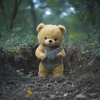 Creepy teddy bear in overalls holding kitchen knife stands in freshly dug dirt hole surrounded by dark forest atmosphere, creating sinister childhood contrast.