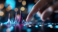 Finger touching glowing holographic cityscape with neon blue and pink lights, representing digital technology, data visualization, and futuristic urban development for tech and business concepts.