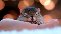 Adorable baby squirrel sleeping in cupped hands against blurred warm bokeh background, close-up portrait showing peaceful expression and tiny paws.