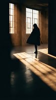 Silhouette of woman in flowing dress dancing in sunlit industrial loft with dramatic window shadows on wooden floor for creative projects.