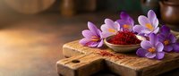 Saffron spice threads in wooden spoon with purple crocus flowers on rustic cutting board. Luxury culinary ingredient for gourmet cooking and traditional recipes.