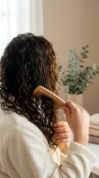 Woman with wet curly hair combing with wooden comb in bathroom after shower. Natural hair care routine and beauty treatment at home.