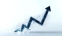 Upward trending arrow breaking into particles against light background, representing business growth, transformation and digital disruption in finance markets.