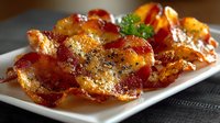 Crispy golden bacon strips with caramelized edges on white plate, garnished with fresh herbs for breakfast or cooking ingredients.