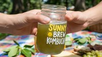 Hands holding glass jar of green kombucha tea during outdoor picnic gathering with fresh herbs and healthy fermented probiotic drink for wellness.