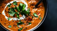Creamy orange soup garnished with fresh parsley leaves, black pepper, and swirled sour cream in dark bowl, close up view on dark background. Food photography.