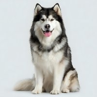 Majestic Alaskan Malamute dog with black and white fur sitting against white background, tongue out in friendly expression, perfect for pet care advertising.