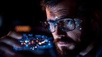 Bearded Caucasian man in glasses with digital technology reflection, glowing blue circuit pattern overlay creates futuristic cybersecurity concept in dark setting.