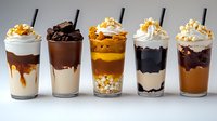 Assorted iced coffee drinks with whipped cream, caramel drizzle and toppings in tall glasses. Layered cold beverages featuring chocolate, coffee and cream combinations.