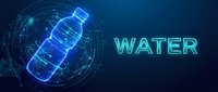 Digital water bottle with glowing neon outline and circular tech elements on dark blue background for hydration and technology concepts.