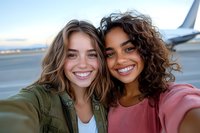 Two diverse young women taking selfie at airport, smiling with genuine joy. Caucasian woman in military jacket and African American with curly hair in pink sweater. Private jet background.