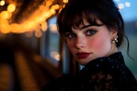 Young woman with dark hair and red lipstick in evening makeup and sequin dress looking over shoulder against blurred bokeh lights at dusk.