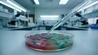 Laboratory petri dish with colorful bacterial cultures being analyzed with glass pipette in modern sterile research facility for microbiology studies.