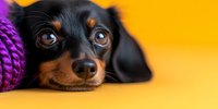 Close up portrait of dachshund puppy with purple knitted scarf lying on yellow background. Sweet black and tan dog with big eyes looking at camera.