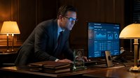 Middle-aged Caucasian male professional businessman wearing glasses and dark suit, leaning over desk analyzing financial data on computer monitor in modern office at night with warm lighting.
