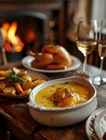 Creamy butternut squash soup garnished with herbs and spices served in white ceramic bowl, roasted chicken and potatoes on rustic wooden table near fireplace.