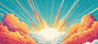 Dramatic sunrise or sunset sky with vibrant orange and pink clouds against turquoise background, radiating light beams pierce through fluffy cloudscape in retro style.