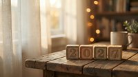 Wooden blocks spelling 2027 on a rustic table with warm bokeh lights and cozy home interior in the background.
