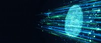 Digital fingerprint with glowing cyan data streams and particles on dark background for cybersecurity and biometric authentication technology concepts.