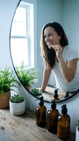 Happy woman applying skincare routine with natural products in bright bathroom mirror reflection for wellness and self-care lifestyle.