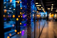 Glowing bokeh lights and sparkles create magical atmosphere in modern office corridor with glass walls, blurred background with warm evening illumination.