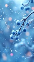 Frozen berries on branch covered with snow during winter snowfall, soft blue tones and bokeh lights create magical seasonal atmosphere.