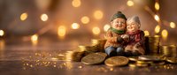Two adorable children figurines sitting on golden coins with warm bokeh lights creating magical atmosphere for financial planning and savings concepts.