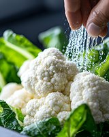 Fresh cauliflower florets with water drops falling from above, surrounded by green leaves on dark background. Close-up macro food photography with selective focus.