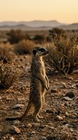 Meerkat standing alert in desert landscape during golden hour sunset with mountains and arid vegetation in background for wildlife photography projects.