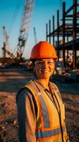 Smiling female construction worker in orange hard hat and safety vest at building site with crane and steel framework during golden hour sunset.