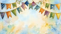 Colorful bunting flags strung across watercolor background with soft blue, yellow, and cream washes. Festive decoration for celebrations, parties, events, and seasonal decorating projects.